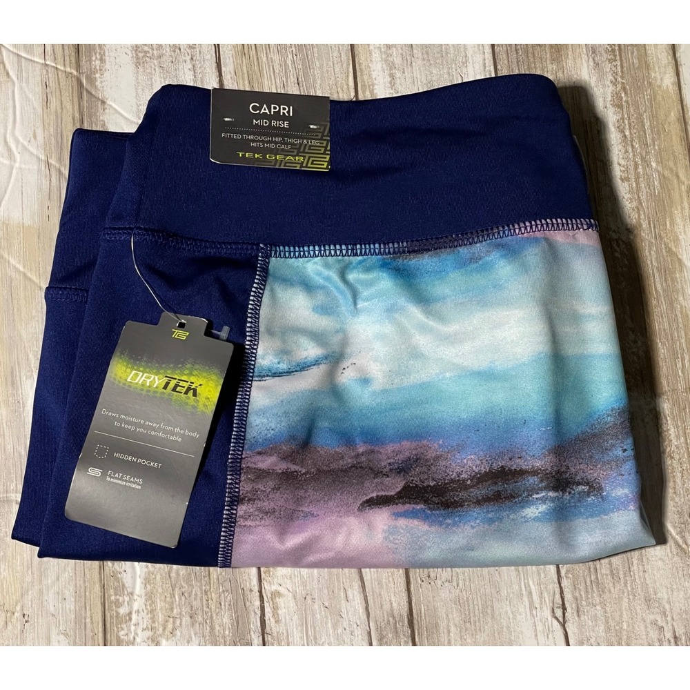 NWT Tek‎ Gear Drytek Capri Leggings Rise Fitted hidden pocket Blue Purple 1X